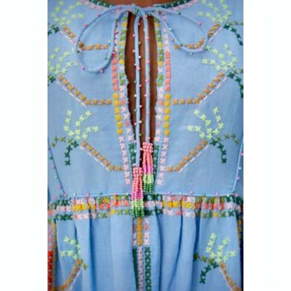 NEW FARM Rio Embroidered Pineapple Maxi Dress Beaded Tassel Linen Blue Size M - Picture 4 of 16